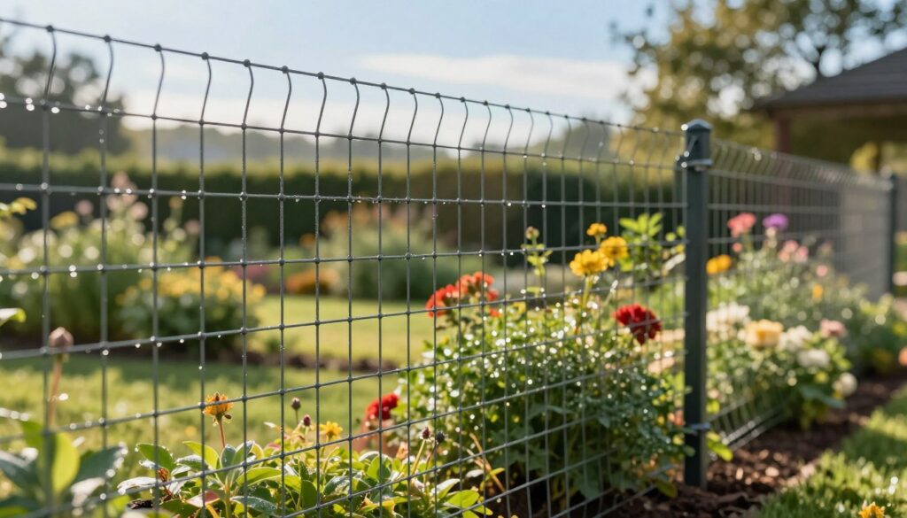 A close-up view of an elegant and sturdy wire mesh fence (siatka ogrodzeniowa) stretching across a well-maintained garden. In the foreground, the intricate details of the mesh are highlighted with dewdrops glistening in the morning sun. In the middle ground, shrubs and flowering plants in vibrant colors are flourishing, providing a sense of lush greenery. The background features a softly blurred view of a serene landscape, possibly with a clear blue sky and gentle sunlight filtering through trees. The image captures a cheerful and inviting mood, showcasing the fence as both an affordable and aesthetically pleasing solution for garden borders, emphasizing durability and style. Shot with a wide-angle lens for depth and dimension, ensuring the fence remains the focal point. No text or graphics present. A close-up view of an elegant and sturdy wire mesh fence (siatka ogrodzeniowa) stretching across a well-maintained garden. In the foreground, the intricate details of the mesh are highlighted with dewdrops glistening in the morning sun. In the middle ground, shrubs and flowering plants in vibrant colors are flourishing, providing a sense of lush greenery. The background features a softly blurred view of a serene landscape, possibly with a clear blue sky and gentle sunlight filtering through trees. The image captures a cheerful and inviting mood, showcasing the fence as both an affordable and aesthetically pleasing solution for garden borders, emphasizing durability and style. Shot with a wide-angle lens for depth and dimension, ensuring the fence remains the focal point. No text or graphics present.
