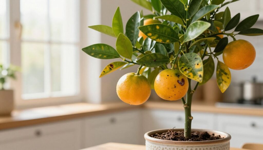 A close-up view of an orange tree planted in a decorative pot, showcasing the most common citrus problems. In the foreground, vibrant green leaves reveal signs of pests like aphids and spider mites. Yellowing leaves indicate nutrient deficiency, while some fruit shows signs of blossom end rot. The middle ground features a sunny, well-lit window — a bright, cheerful kitchen environment that enhances the overall atmosphere. In the background, light filtering through the sheer curtains creates a soft, warm glow, accentuating the natural beauty of the tree. Capture this with a shallow depth of field to keep the focus on the tree and its issues while providing a cozy, inviting ambiance. The overall mood should feel educational yet uplifting, perfect for illustrating a guide on caring for indoor citrus trees. A close-up view of an orange tree planted in a decorative pot, showcasing the most common citrus problems. In the foreground, vibrant green leaves reveal signs of pests like aphids and spider mites. Yellowing leaves indicate nutrient deficiency, while some fruit shows signs of blossom end rot. The middle ground features a sunny, well-lit window — a bright, cheerful kitchen environment that enhances the overall atmosphere. In the background, light filtering through the sheer curtains creates a soft, warm glow, accentuating the natural beauty of the tree. Capture this with a shallow depth of field to keep the focus on the tree and its issues while providing a cozy, inviting ambiance. The overall mood should feel educational yet uplifting, perfect for illustrating a guide on caring for indoor citrus trees.