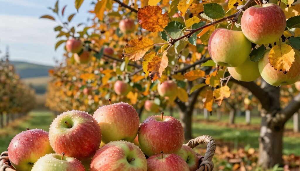 A close-up view of autumn apple varieties in a picturesque orchard, showcasing vibrant shades of red, yellow, and green apples hanging from branches. In the foreground, a basket filled with freshly picked apples with dew drops glistening in soft morning light. In the middle, the apple trees are adorned with ripe fruits, their leaves transitioning to warm autumn hues of orange and gold, suggesting the seasonal change. The background features a blurred landscape of distant hills under a clear blue sky, creating a serene atmosphere. Soft, natural lighting enhances the colors and textures of the apples and foliage, with a slightly warm tone to evoke a cozy autumn feeling. This image is a beautiful representation of autumn apple varieties, perfect for highlighting their importance for storage and processing.