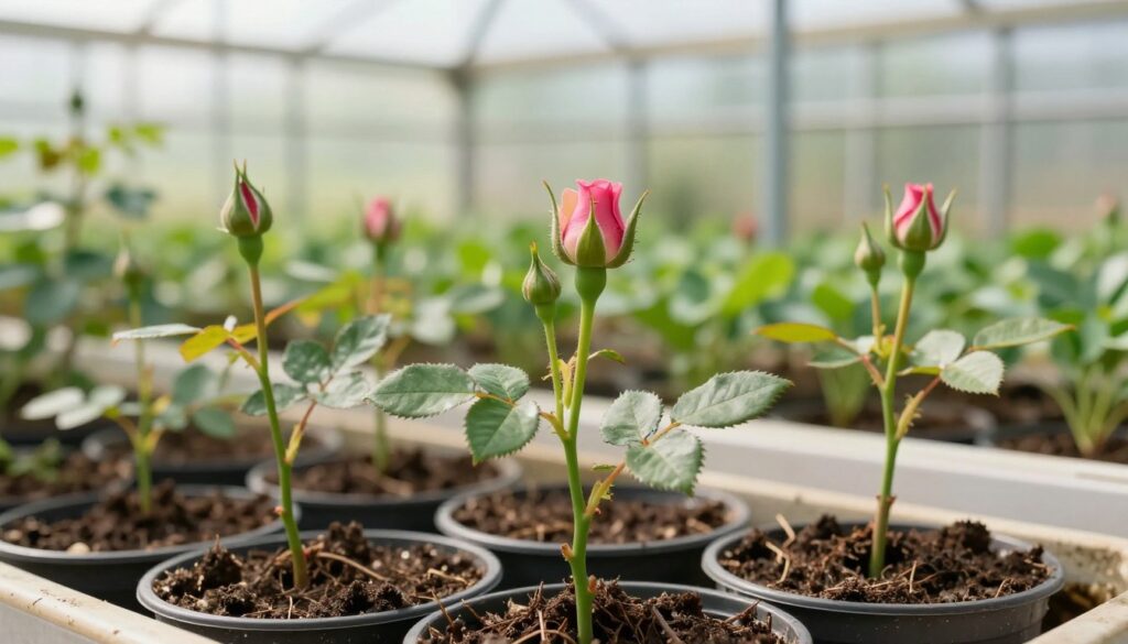 A close-up view of budding rose cuttings arranged in a bright, sunlit greenhouse, showcasing vibrant green stems with healthy leaves. The foreground features several cuttings placed in small pots filled with rich, dark soil. In the middle ground, soft light filters through the glass panels, illuminating the delicate pink and red rose buds that are just beginning to form. The background is filled with lush greenery and other seedlings, creating a serene and nurturing environment. A shallow depth of field highlights the intricacies of the cuttings while softly blurring the background, evoking a warm, hopeful atmosphere of growth and propagation. A close-up view of budding rose cuttings arranged in a bright, sunlit greenhouse, showcasing vibrant green stems with healthy leaves. The foreground features several cuttings placed in small pots filled with rich, dark soil. In the middle ground, soft light filters through the glass panels, illuminating the delicate pink and red rose buds that are just beginning to form. The background is filled with lush greenery and other seedlings, creating a serene and nurturing environment. A shallow depth of field highlights the intricacies of the cuttings while softly blurring the background, evoking a warm, hopeful atmosphere of growth and propagation.