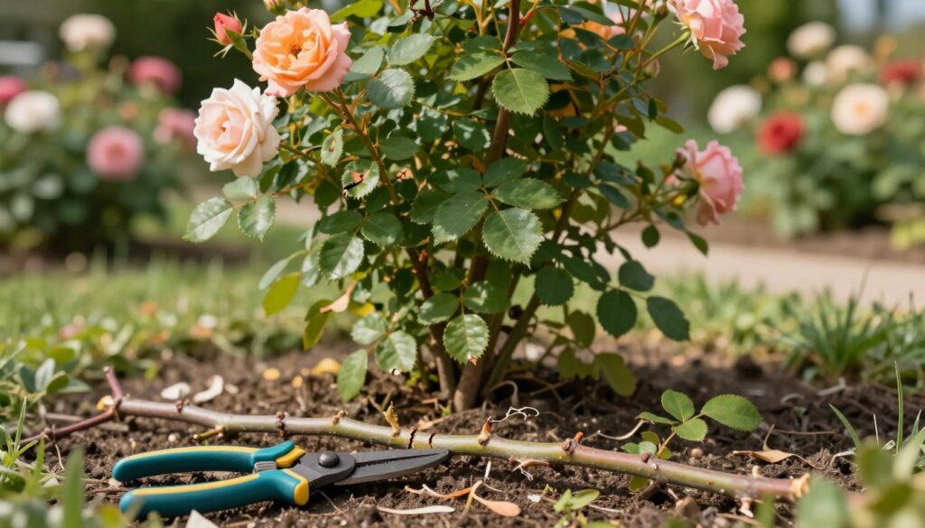 A close-up view of common mistakes in pruning climbing roses. In the foreground, display a pair of pruning shears carelessly left on the ground next to improperly pruned rose branches, showcasing ragged cuts and untrimmed leaves. In the middle ground, depict a lush climbing rose bush with various untidy cuts, showing signs of growth that have been neglected. The background should feature a blurred garden setting with other flowering plants to create depth and context. Use warm, natural lighting to emphasize the vibrant colors of the roses and greenery. The mood should be educational yet inviting, capturing the essence of gardening care.