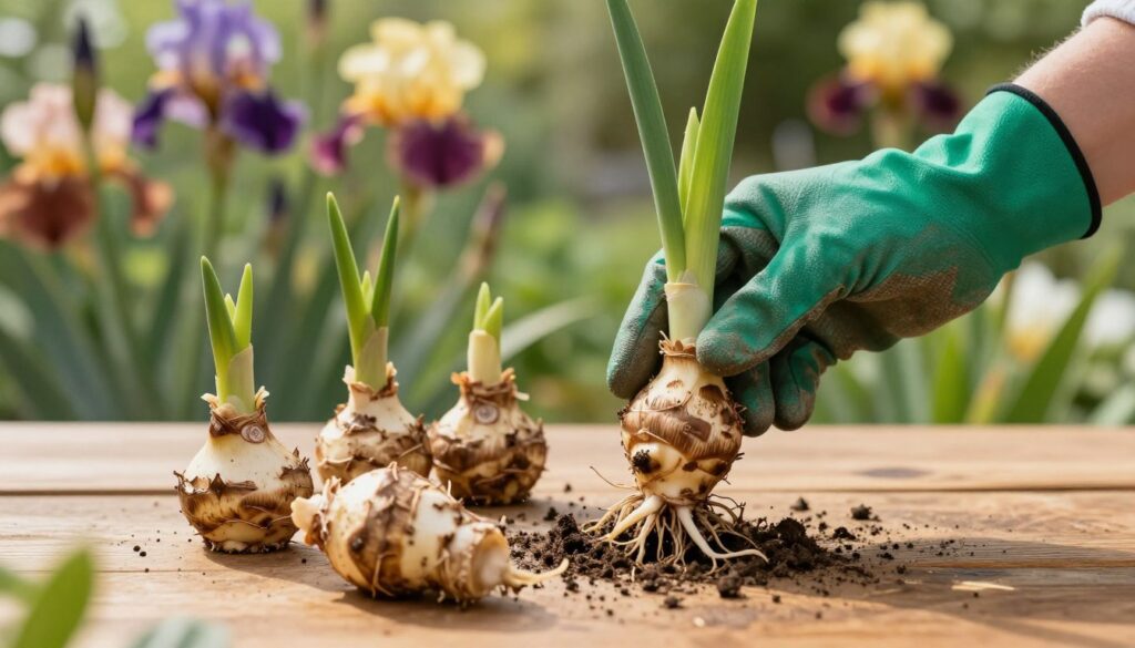 A close-up view of freshly divided iris rhizomes on a wooden table, showcasing the intricate textures and colors of the roots. In the foreground, several healthy, plump rhizomes with thin, green leaves sprouting from the tops create an inviting focus. In the middle ground, a gardener's hand in a green gardening glove gently holds one of the rhizomes, illustrating the careful handling of the plant. The background features a softly blurred garden setting, with hints of blooming irises in various colors under warm, natural sunlight filtering through. The mood is tranquil and nurturing, emphasizing the rewarding process of plant division. The overall composition is balanced, highlighting the beauty of gardening and plant care.