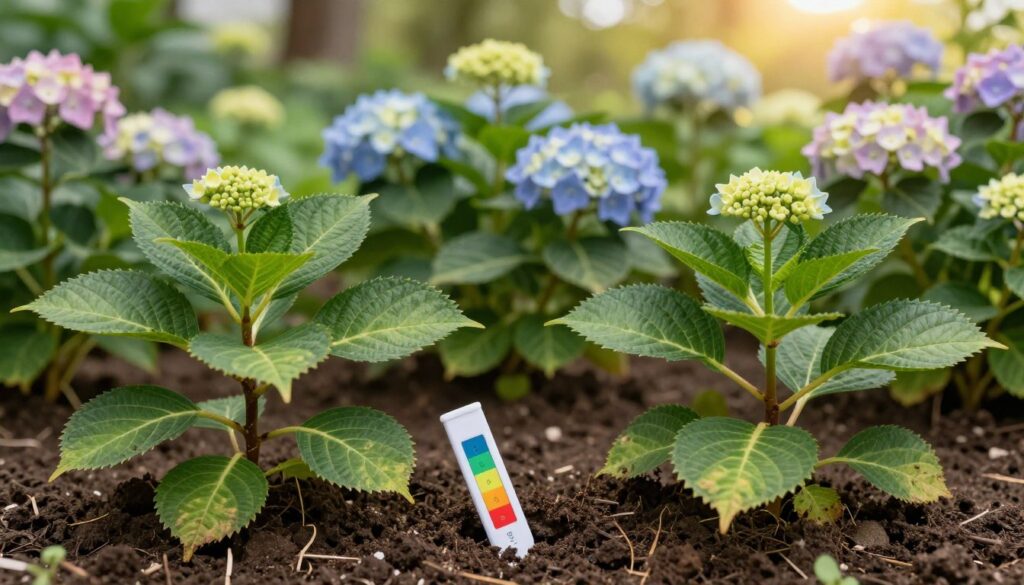 A close-up view of healthy hydrangea plants in a lush garden setting, emphasizing the rich, earthy soil beneath them. The foreground showcases vibrant green leaves and well-formed flower buds, hinting at their potential bloom. In the middle, a soil pH test kit is partially buried in the soil, with vibrant colors indicating ideal pH levels. The background features soft-focus blooming hydrangeas in various pastel shades under gentle sunlight, creating a serene and inviting atmosphere. The scene is captured from a low angle, enhancing the plants' grandeur and inviting viewers to appreciate the importance of soil pH for flowering. The lighting is warm and natural, evoking a sense of growth and vitality. A close-up view of healthy hydrangea plants in a lush garden setting, emphasizing the rich, earthy soil beneath them. The foreground showcases vibrant green leaves and well-formed flower buds, hinting at their potential bloom. In the middle, a soil pH test kit is partially buried in the soil, with vibrant colors indicating ideal pH levels. The background features soft-focus blooming hydrangeas in various pastel shades under gentle sunlight, creating a serene and inviting atmosphere. The scene is captured from a low angle, enhancing the plants' grandeur and inviting viewers to appreciate the importance of soil pH for flowering. The lighting is warm and natural, evoking a sense of growth and vitality.