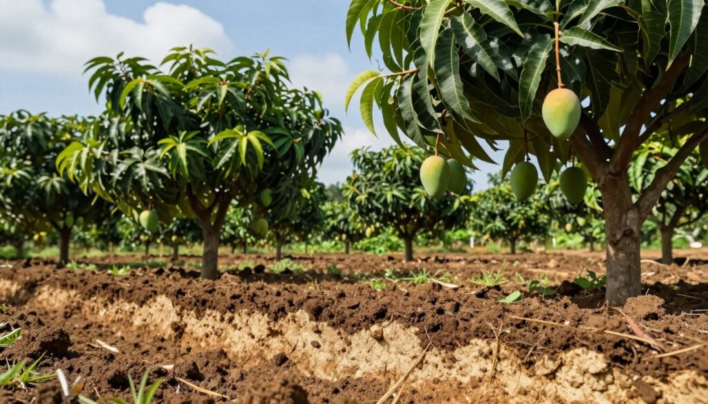 A close-up view of healthy mango trees growing in rich, well-drained soil, showcasing their vibrant green leaves and robust trunks. In the foreground, include a soil profile clearly demonstrating the texture and layers suitable for mango cultivation, highlighting sandy loam mixed with organic matter. In the middle ground, the mango trees should be thriving under bright sunlight, with a few ripe mangoes visible among the foliage. The background features a blue sky with soft, fluffy clouds, creating a warm and inviting atmosphere. Use natural lighting to enhance the colors and textures of the soil and plants, and a wide-angle lens to capture the depth and detail in the scene, emphasizing the specific soil requirements for healthy mango growth. A close-up view of healthy mango trees growing in rich, well-drained soil, showcasing their vibrant green leaves and robust trunks. In the foreground, include a soil profile clearly demonstrating the texture and layers suitable for mango cultivation, highlighting sandy loam mixed with organic matter. In the middle ground, the mango trees should be thriving under bright sunlight, with a few ripe mangoes visible among the foliage. The background features a blue sky with soft, fluffy clouds, creating a warm and inviting atmosphere. Use natural lighting to enhance the colors and textures of the soil and plants, and a wide-angle lens to capture the depth and detail in the scene, emphasizing the specific soil requirements for healthy mango growth.
