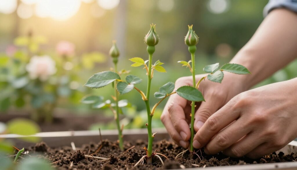 A close-up view of healthy rose cuttings, featuring vibrant green stems with delicate leaves and budding roses. The foreground showcases several cuttings placed in soil, showing their roots beginning to take hold. In the middle ground, a pair of hands gently tending to the cuttings, demonstrating the process of propagation. The background is a softly blurred garden setting, illuminated by warm, golden sunlight filtering through trees, creating a serene and nurturing atmosphere. The composition should convey a sense of growth and nurturing, emphasizing the importance of care in the propagation process. Use a shallow depth of field to focus on the cuttings, creating an intimate and engaging image.