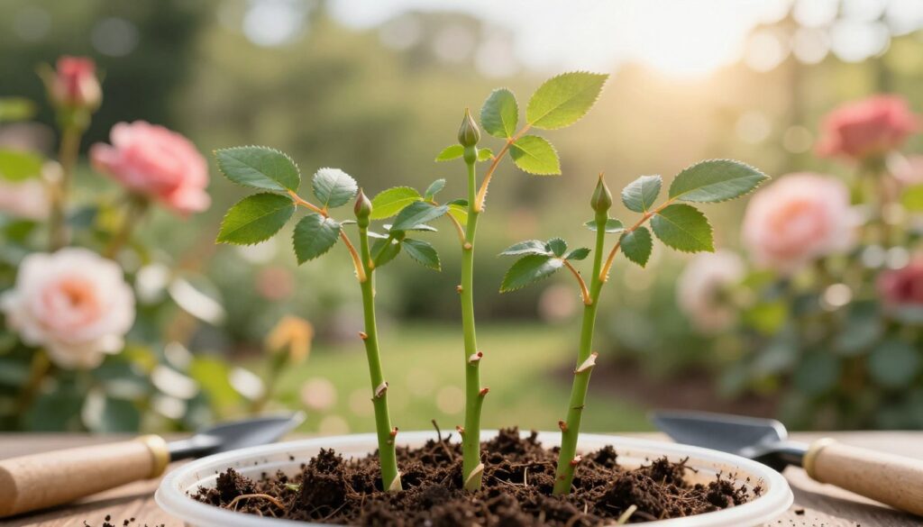 A close-up view of healthy rose cuttings, showcasing their vibrant green stems with delicate leaves, ideally suited for propagation. The cuttings should be approximately 6-8 inches long, with clean, angled cuts at the bottom. In the foreground, the cuttings are placed in a shallow container filled with moist soil, surrounded by a few small gardening tools. In the middle background, there is a soft-focus view of a sunny garden with blooming roses in various colors, gently illuminated by warm sunlight creating a serene atmosphere. A bokeh effect enhances the softness of the background, while the lighting highlights the texture of the stems and leaves, evoking a sense of growth and potential. The scene should feel inviting and educational.