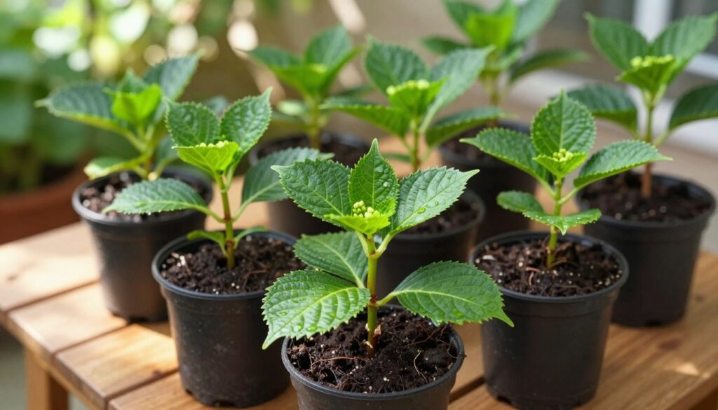 A close-up view of hydrangea cuttings planted in small pots, showcasing their lush green leaves and delicate stems. The foreground features vibrant, freshly cut hydrangea shoots with a few droplets of water resting on the leaves, emphasizing their freshness. In the middle ground, several pots arranged neatly on a wooden table, each filled with rich, dark potting soil, hinting at the nurturing environment. The background is softly blurred, revealing a cozy garden setting with dappled sunlight filtering through the leaves of nearby trees, creating a warm, inviting atmosphere. The lighting is natural and bright, enhancing the vivid colors of the hydrangea cuttings and adding depth to the scene, evoking a sense of growth and care in the process of planting.