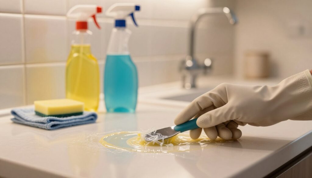 A close-up view of kitchen tiles with silicone residue, set on a clean countertop. The foreground features a hand wearing a rubber glove gently scraping off silicone with a small tool, showcasing a careful and methodical approach. In the middle ground, a few household cleaning items such as vinegar, a spray bottle, and a cloth are arranged neatly, hinting at natural cleaning methods. The background consists of soft, warm kitchen lighting illuminating the scene, creating a cozy atmosphere. Use a shallow depth of field to focus on the cleaning action while softly blurring the background, enhancing the mood of home care and thoroughness. Overall, the image should evoke a sense of effective and safe cleaning, ideal for a domestic setting.