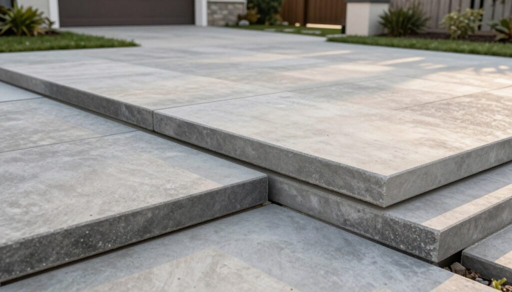 A close-up view of large concrete paving slabs, showcasing varying thicknesses to illustrate their strength and durability. In the foreground, display a few stacked slabs with distinct textures and finishes, emphasizing their robust edges and surfaces. The middle ground includes a spacious driveway designed with these slabs, demonstrating the integration of thick and thinner options based on usage intensity. In the background, a neatly landscaped garden and driveway entrance can be seen, highlighting the aesthetic appeal of these modern materials in a residential setting. Warm, natural lighting casts soft shadows, creating a welcoming atmosphere. The angle should be slightly elevated, allowing for a comprehensive view of the paving and its surroundings, while maintaining focus on the slabs themselves. A close-up view of large concrete paving slabs, showcasing varying thicknesses to illustrate their strength and durability. In the foreground, display a few stacked slabs with distinct textures and finishes, emphasizing their robust edges and surfaces. The middle ground includes a spacious driveway designed with these slabs, demonstrating the integration of thick and thinner options based on usage intensity. In the background, a neatly landscaped garden and driveway entrance can be seen, highlighting the aesthetic appeal of these modern materials in a residential setting. Warm, natural lighting casts soft shadows, creating a welcoming atmosphere. The angle should be slightly elevated, allowing for a comprehensive view of the paving and its surroundings, while maintaining focus on the slabs themselves.