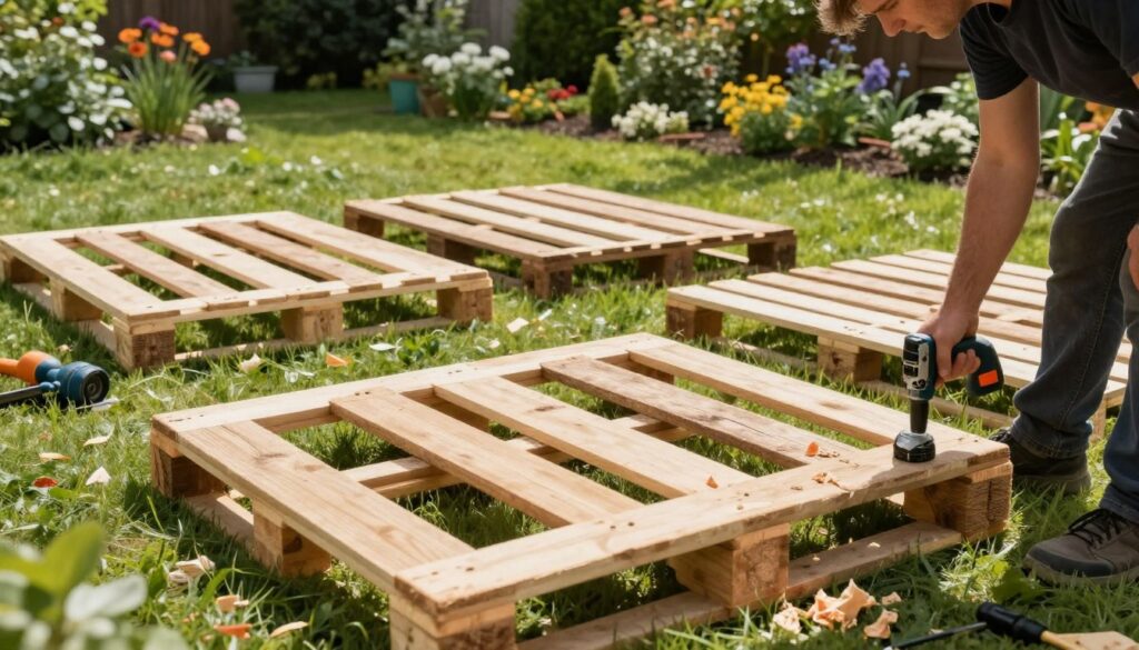 A close-up view of pallet flooring installation in a garden setting, showcasing a diverse array of wooden pallets being laid out neatly on a verdant lawn. In the foreground, a worker in modest casual clothing is using a power drill to secure the pallets, with tools and wood shavings scattered around. In the middle ground, some pallets are already positioned together, demonstrating the beginning stages of the project. In the background, the garden is filled with blooming flowers, shrubs, and trees, indicating a sunny day. The lighting is bright and natural, casting soft shadows across the scene, evoking a cheerful, productive atmosphere. The angle captures the work from slightly above to emphasize the structured layout of the pallets. A close-up view of pallet flooring installation in a garden setting, showcasing a diverse array of wooden pallets being laid out neatly on a verdant lawn. In the foreground, a worker in modest casual clothing is using a power drill to secure the pallets, with tools and wood shavings scattered around. In the middle ground, some pallets are already positioned together, demonstrating the beginning stages of the project. In the background, the garden is filled with blooming flowers, shrubs, and trees, indicating a sunny day. The lighting is bright and natural, casting soft shadows across the scene, evoking a cheerful, productive atmosphere. The angle captures the work from slightly above to emphasize the structured layout of the pallets.