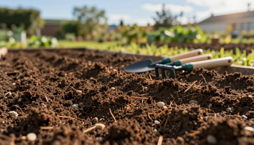 A close-up view of prepared soil for planting, showcasing rich, dark brown earth mixed with organic matter and small pebbles. The foreground features hand-tilled soil, showing texture and moisture. In the middle, there are small gardening tools, such as a trowel and rake, positioned neatly. The background includes a softly blurred garden scene with green foliage and a clear blue sky, creating a serene atmosphere. The lighting is warm and natural, suggesting early morning or late afternoon, casting gentle shadows. The overall mood is calm and nurturing, emphasizing the importance of soil preparation for planting.