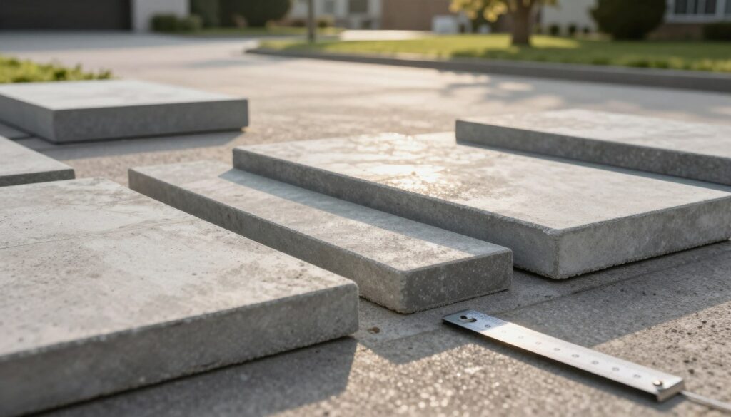 A close-up view of various thicknesses of concrete pavers (kostka brukowa) arranged in an outdoor setting. In the foreground, three distinct layers of pavers showcase their thicknesses, with a ruler or measuring tape indicating dimensions for clarity. The middle section features a well-maintained driveway, partially reflecting sunlight, highlighting the paver surfaces and their textures. In the background, a green lawn and a few trees provide a natural contrast. The scene is illuminated by soft, diffused sunlight, creating a warm and inviting atmosphere. The perspective is slightly elevated, capturing the interplay of light and shadow on the paver surfaces. The overall mood conveys professionalism and practicality, emphasizing the durability and aesthetic appeal of different paver thicknesses suitable for car driveways. A close-up view of various thicknesses of concrete pavers (kostka brukowa) arranged in an outdoor setting. In the foreground, three distinct layers of pavers showcase their thicknesses, with a ruler or measuring tape indicating dimensions for clarity. The middle section features a well-maintained driveway, partially reflecting sunlight, highlighting the paver surfaces and their textures. In the background, a green lawn and a few trees provide a natural contrast. The scene is illuminated by soft, diffused sunlight, creating a warm and inviting atmosphere. The perspective is slightly elevated, capturing the interplay of light and shadow on the paver surfaces. The overall mood conveys professionalism and practicality, emphasizing the durability and aesthetic appeal of different paver thicknesses suitable for car driveways.
