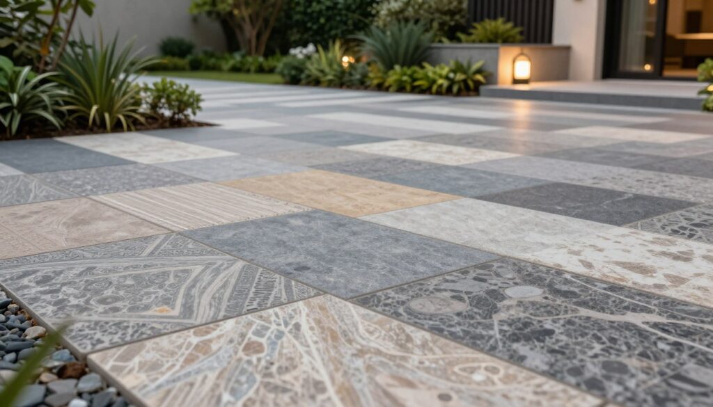 A close-up view of various types of large-format paving slabs laid on a modern outdoor patio. The foreground features intricately designed slabs with a mix of textures and colors, showcasing their technical parameters, such as durability and slip resistance. The middle ground displays a stylish driveway made from the same paving material, emphasizing its strength and aesthetic appeal against lush green landscaping. In the background, a contemporary garden with soft lighting highlights the slabs' qualities. The scene is captured from a low angle to accentuate the dimensions and details of the slabs, with a warm, inviting ambiance that reflects the modern lifestyle. No text or markings included. A close-up view of various types of large-format paving slabs laid on a modern outdoor patio. The foreground features intricately designed slabs with a mix of textures and colors, showcasing their technical parameters, such as durability and slip resistance. The middle ground displays a stylish driveway made from the same paving material, emphasizing its strength and aesthetic appeal against lush green landscaping. In the background, a contemporary garden with soft lighting highlights the slabs' qualities. The scene is captured from a low angle to accentuate the dimensions and details of the slabs, with a warm, inviting ambiance that reflects the modern lifestyle. No text or markings included.