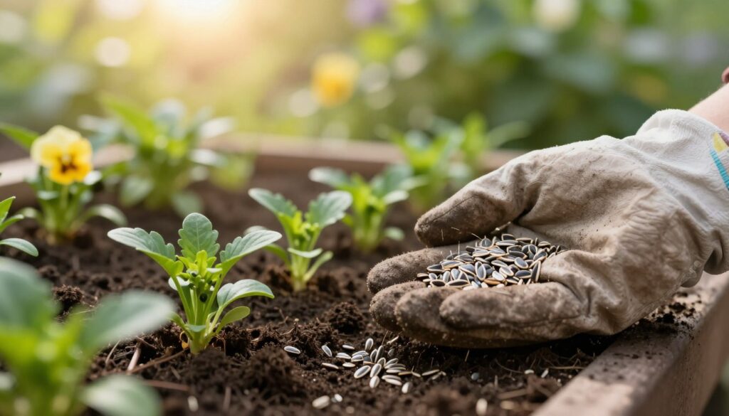 A close-up view of vibrant pansy seeds being gently sprinkled over rich, dark soil, capturing the moment of seed propagation. In the foreground, a gardener’s hands, clad in modest, earth-toned gloves, delicately handle the seeds, showcasing the intimacy of the planting process. The middle ground features small seedling sprouts emerging from the soil, their bright green leaves contrasting against the dark earth. In the background, soft-focus sunlight filters through lush green foliage, creating a serene and warm atmosphere, suggesting that the pansies thrive in a well-lit environment. The lighting should be soft and natural, emulating a late afternoon glow, highlighting the textures of the seeds and soil. The overall mood is hopeful and inviting, symbolizing growth and nurturing. A close-up view of vibrant pansy seeds being gently sprinkled over rich, dark soil, capturing the moment of seed propagation. In the foreground, a gardener’s hands, clad in modest, earth-toned gloves, delicately handle the seeds, showcasing the intimacy of the planting process. The middle ground features small seedling sprouts emerging from the soil, their bright green leaves contrasting against the dark earth. In the background, soft-focus sunlight filters through lush green foliage, creating a serene and warm atmosphere, suggesting that the pansies thrive in a well-lit environment. The lighting should be soft and natural, emulating a late afternoon glow, highlighting the textures of the seeds and soil. The overall mood is hopeful and inviting, symbolizing growth and nurturing.