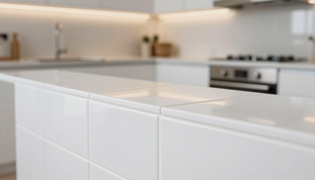A close-up view of white grout applied between shimmering white tiles in a modern kitchen setting. In the foreground, the texture of the grout is highlighted, showcasing its smooth finish and pristine appearance, creating a clean, fresh vibe. In the middle ground, the glossy white tiles reflect soft, warm lighting from overhead fixtures, enhancing the clean aesthetic. Subtle hints of a stylish kitchen design, such as minimalistic cabinetry and sleek countertops, can be seen, emphasizing a contemporary space. The background features a blurred view of kitchen appliances, maintaining focus on the grout and tiles. The atmosphere conveys a sense of sophistication and cleanliness, ideal for a stylish home environment.