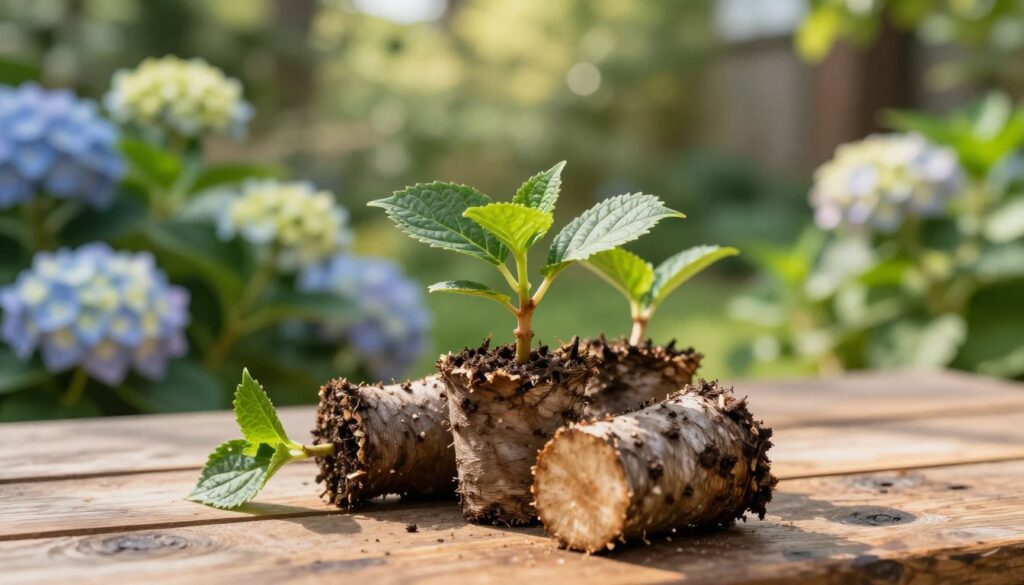 A close-up view of woody hydrangea cuttings, showcasing the intricate textures of the bark and the vibrant, green leaves sprouting from the nodes. In the foreground, place the cuttings on a rustic wooden surface, emphasizing their natural essence. The middle ground features a softly blurred garden setting with blooming hydrangeas in full color, hinting at the potential growth from the cuttings. In the background, a serene garden atmosphere is created by dappled sunlight filtering through lush foliage, casting gentle shadows. Capture this scene with a macro lens to highlight the details, using warm, natural lighting to evoke a sense of tranquility and life. The overall mood should feel inviting and encouraging, perfect for illustrating the process of propagating new plants from wooden cuttings. A close-up view of woody hydrangea cuttings, showcasing the intricate textures of the bark and the vibrant, green leaves sprouting from the nodes. In the foreground, place the cuttings on a rustic wooden surface, emphasizing their natural essence. The middle ground features a softly blurred garden setting with blooming hydrangeas in full color, hinting at the potential growth from the cuttings. In the background, a serene garden atmosphere is created by dappled sunlight filtering through lush foliage, casting gentle shadows. Capture this scene with a macro lens to highlight the details, using warm, natural lighting to evoke a sense of tranquility and life. The overall mood should feel inviting and encouraging, perfect for illustrating the process of propagating new plants from wooden cuttings.