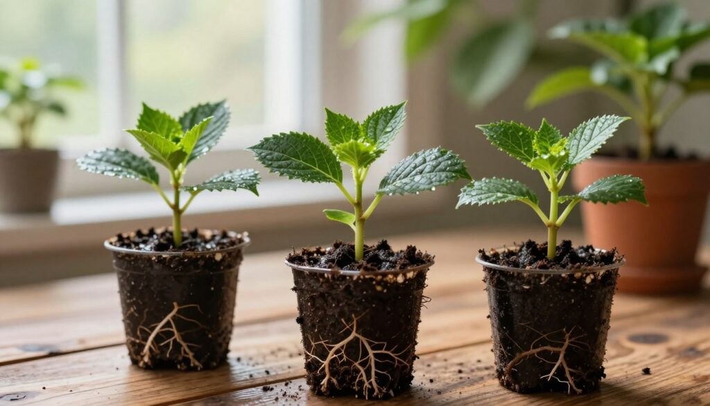 A close-up view of young hydrangea cuttings in pots, showing their vibrant green leaves and healthy roots peeking out of the soil surface. The foreground highlights three pots with varying stages of root development, placed on a rustic wooden table. In the background, soft natural light filters through a window, creating a warm and inviting atmosphere. Gentle bokeh highlights the blurred outlines of more plants, emphasizing the focus on the cuttings. Water droplets on the leaves suggest recent misting, adding a fresh and nurturing feel to the scene. The composition captures the essence of careful plant care, highlighting the importance of maintaining ideal conditions for root development.