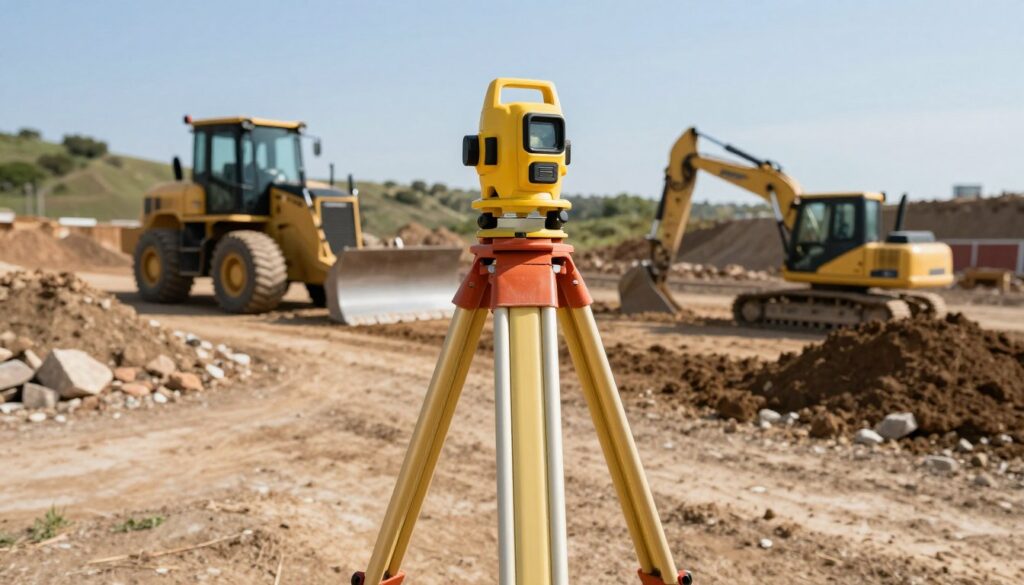 A collection of essential landscape leveling tools set on an uneven terrain under a bright, clear sky. In the foreground, prominently display a high-quality laser level and a surveying tripod, both shiny and reflecting the sunlight, showcasing their detailed features. In the middle ground, include a bulldozer and a small excavator, positioned strategically to emphasize their importance in earthworks, surrounded by piles of soil and rocks. The background should depict a gently sloping hill, hinting at the challenges of the terrain. Use natural lighting to create soft shadows, and employ a wide-angle lens perspective to enhance the depth of the landscape. The atmosphere should convey a sense of professionalism and readiness for construction work.