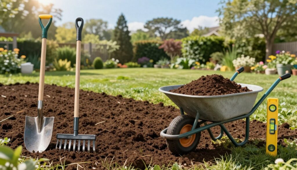 A collection of essential landscaping tools for preparing soil, prominently displayed in the foreground. Include a sharp spade, a rake with sturdy tines, a wheelbarrow full of rich soil, and a level for checking evenness. In the middle ground, depict a freshly tilled lawn area, with visible patches that require leveling. The background should be a serene garden setting with mature trees and a clear blue sky, conveying a peaceful work environment. Use soft, natural lighting to highlight the textures of the tools and soil, with a slight sunlight lens flare to evoke warmth. The overall atmosphere should inspire productivity and careful planning, making it clear that these tools are vital for creating a flawless lawn. A collection of essential landscaping tools for preparing soil, prominently displayed in the foreground. Include a sharp spade, a rake with sturdy tines, a wheelbarrow full of rich soil, and a level for checking evenness. In the middle ground, depict a freshly tilled lawn area, with visible patches that require leveling. The background should be a serene garden setting with mature trees and a clear blue sky, conveying a peaceful work environment. Use soft, natural lighting to highlight the textures of the tools and soil, with a slight sunlight lens flare to evoke warmth. The overall atmosphere should inspire productivity and careful planning, making it clear that these tools are vital for creating a flawless lawn.