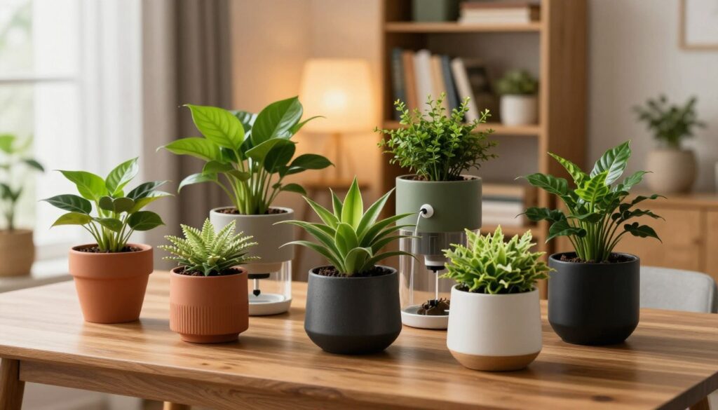 A collection of stylish, self-watering planters with a modern design, arranged elegantly on a sleek wooden table. The foreground features a variety of vibrant green plants, each in individually designed planters showcasing different textures and colors, such as terracotta, ceramic, and matte black. In the middle ground, some planters feature visible drip systems and water reservoirs, demonstrating their functionality. The background displays a softly lit, cozy living space with warm, ambient lighting, including a bookshelf and a window with sheer curtains allowing natural light to filter in. The mood is tranquil and inviting, emphasizing the practicality and aesthetics of self-watering planters for busy individuals. The composition captures a harmonious blend of nature and modern interior decor, inviting viewers to appreciate the beauty of these innovative planters. A collection of stylish, self-watering planters with a modern design, arranged elegantly on a sleek wooden table. The foreground features a variety of vibrant green plants, each in individually designed planters showcasing different textures and colors, such as terracotta, ceramic, and matte black. In the middle ground, some planters feature visible drip systems and water reservoirs, demonstrating their functionality. The background displays a softly lit, cozy living space with warm, ambient lighting, including a bookshelf and a window with sheer curtains allowing natural light to filter in. The mood is tranquil and inviting, emphasizing the practicality and aesthetics of self-watering planters for busy individuals. The composition captures a harmonious blend of nature and modern interior decor, inviting viewers to appreciate the beauty of these innovative planters.