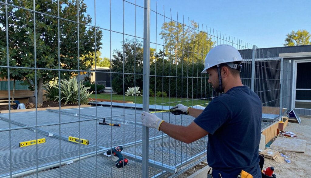 A construction scene showcasing the challenges of installing a fencing mesh. In the foreground, a professional installer wearing safety gear, such as a hardhat and gloves, is carefully measuring and positioning the metal fencing. The middle ground features partially installed fencing, exhibiting various tools like a level and power drill scattered nearby, emphasizing the complexity of the task. In the background, a landscaped yard with trees and shrubs provides context, under a clear blue sky, with soft natural lighting illuminating the scene. The overall mood captures a sense of diligence and meticulous effort, highlighting the importance of quality installation while addressing the challenges involved. A construction scene showcasing the challenges of installing a fencing mesh. In the foreground, a professional installer wearing safety gear, such as a hardhat and gloves, is carefully measuring and positioning the metal fencing. The middle ground features partially installed fencing, exhibiting various tools like a level and power drill scattered nearby, emphasizing the complexity of the task. In the background, a landscaped yard with trees and shrubs provides context, under a clear blue sky, with soft natural lighting illuminating the scene. The overall mood captures a sense of diligence and meticulous effort, highlighting the importance of quality installation while addressing the challenges involved.