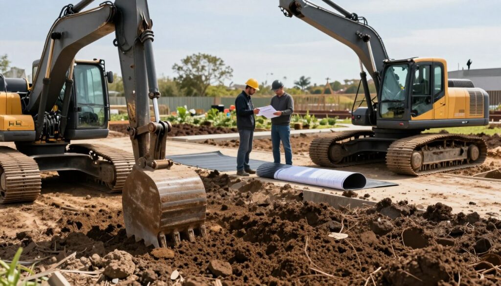 A construction site showcasing mechanical soil stabilization methods on a muddy terrain ready for garden landscaping. In the foreground, a sturdy, modern excavator operates, digging and leveling the ground, with specialized equipment for compaction visible. In the middle, workers in professional attire are examining soil tests and discussing plans while a vibratory plate and geosynthetic fabric lay nearby. The background features a partially completed path and garden beds, with clear blue skies and soft daylight illuminating the scene, casting gentle shadows. The atmosphere is industrious and focused, emphasizing the importance of soil stability for landscaping and outdoor spaces. A shallow depth of field adds focus to the equipment and workers while softly blurring the distant garden features. A construction site showcasing mechanical soil stabilization methods on a muddy terrain ready for garden landscaping. In the foreground, a sturdy, modern excavator operates, digging and leveling the ground, with specialized equipment for compaction visible. In the middle, workers in professional attire are examining soil tests and discussing plans while a vibratory plate and geosynthetic fabric lay nearby. The background features a partially completed path and garden beds, with clear blue skies and soft daylight illuminating the scene, casting gentle shadows. The atmosphere is industrious and focused, emphasizing the importance of soil stability for landscaping and outdoor spaces. A shallow depth of field adds focus to the equipment and workers while softly blurring the distant garden features.