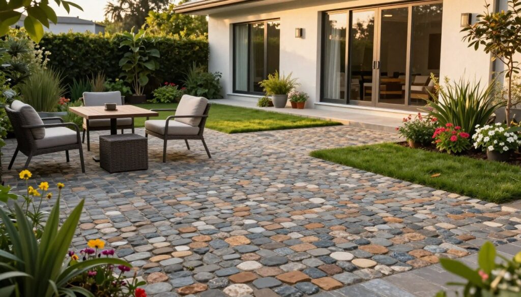 A contemporary outdoor living space featuring trendy cobblestone paving. In the foreground, a neatly arranged patio with stylish outdoor furniture, surrounded by lush green plants and colorful flowers that enhance the inviting atmosphere. In the middle ground, the cobblestone path seamlessly integrates with manicured grass, showcasing the varied textures and colors of the stones, such as greys, browns, and warm earth tones. The background features a modern home with large windows that allow natural light to flood the space, creating a warm and welcoming vibe. Soft, golden hour lighting adds depth and warmth to the scene, with a slight perspective angle to emphasize the layout and design of the space. The overall mood is tranquil and chic, perfect for enjoying the outdoors.