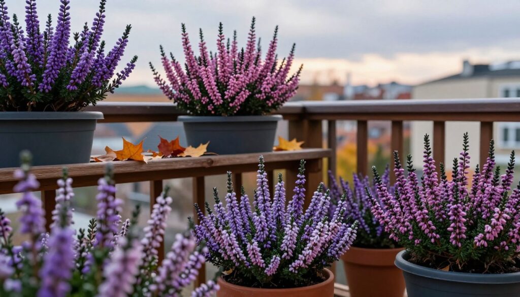 A cozy balcony in late autumn, beautifully filled with vibrant heather plants. The foreground showcases potted heathers in various shades of purple and pink, some lightly dusted with frost, their leaves still lush and colorful. In the middle ground, a wooden railing with additional pots, creating a layered effect, displays scattered autumn leaves that hint at the changing season. The background reveals a soft focus of a cityscape under a cloudy sky, casting a gentle, diffused light over the scene. The angle is slightly elevated, offering an inviting view of the heathers and the cozy atmosphere of the balcony. The overall mood is serene and tranquil, perfect for a winter horticulture theme, suggesting care and nurturing for the heathers as they prepare for the cold season. A cozy balcony in late autumn, beautifully filled with vibrant heather plants. The foreground showcases potted heathers in various shades of purple and pink, some lightly dusted with frost, their leaves still lush and colorful. In the middle ground, a wooden railing with additional pots, creating a layered effect, displays scattered autumn leaves that hint at the changing season. The background reveals a soft focus of a cityscape under a cloudy sky, casting a gentle, diffused light over the scene. The angle is slightly elevated, offering an inviting view of the heathers and the cozy atmosphere of the balcony. The overall mood is serene and tranquil, perfect for a winter horticulture theme, suggesting care and nurturing for the heathers as they prepare for the cold season.