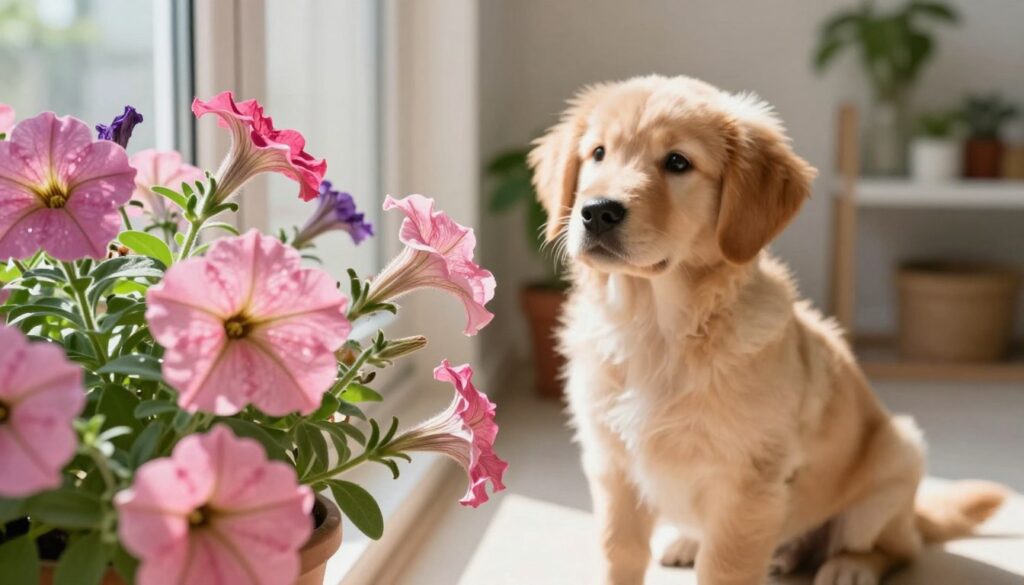 A cozy indoor scene showcasing a petunia plant in vibrant pink and purple hues on a windowsill, with a playful puppy observing it curiously. In the foreground, the delicate petals of the petunia are highlighted, glistening under soft sunlight, creating a peaceful and warm atmosphere. The middle ground features the puppy, a fluffy golden retriever, sitting attentively with a sense of wonder, ensuring the focus remains on the petunia and the safety of the pet. The background is softly blurred, revealing a bright and inviting home interior with subtle green plants. The lighting is bright and natural, creating a serene and inviting mood. The image should evoke a sense of care and attention to both the beauty of the plant and the safety of the pet. A cozy indoor scene showcasing a petunia plant in vibrant pink and purple hues on a windowsill, with a playful puppy observing it curiously. In the foreground, the delicate petals of the petunia are highlighted, glistening under soft sunlight, creating a peaceful and warm atmosphere. The middle ground features the puppy, a fluffy golden retriever, sitting attentively with a sense of wonder, ensuring the focus remains on the petunia and the safety of the pet. The background is softly blurred, revealing a bright and inviting home interior with subtle green plants. The lighting is bright and natural, creating a serene and inviting mood. The image should evoke a sense of care and attention to both the beauty of the plant and the safety of the pet.