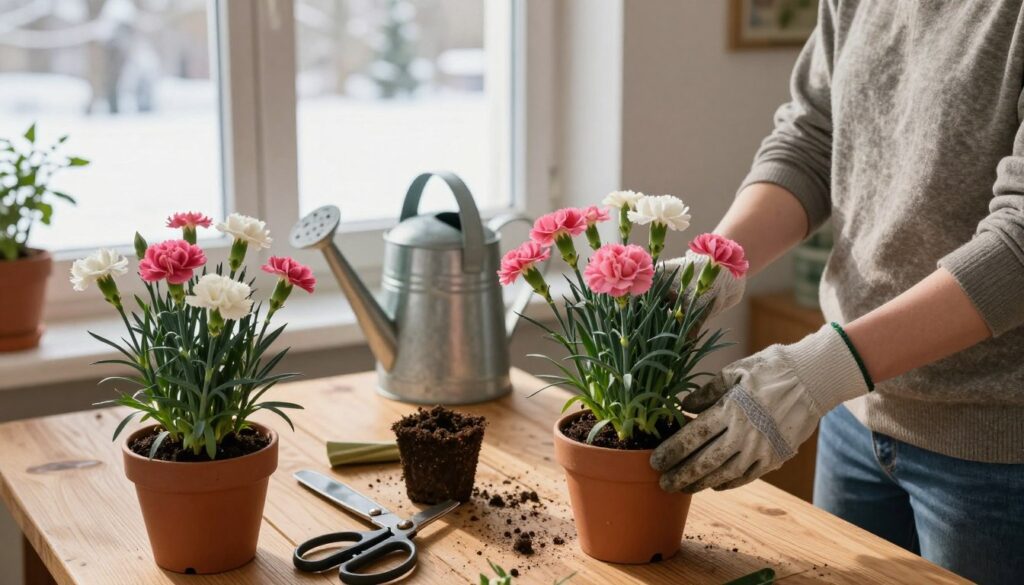 A cozy indoor scene showcasing the preparation of potted carnations (goździki) for winter. In the foreground, a gardener, wearing modest casual clothing, gently trims the foliage of vibrant pink and white carnations, a pair of gardening gloves on their hands. In the middle, a wooden table is adorned with gardening tools: scissors, a small pot of soil, and a watering can, all bathed in warm, natural light from a nearby window. The background features a window displaying a view of a snowy landscape outside, hinting at the cold winter ahead. The overall atmosphere is calm and nurturing, evoking a sense of careful preparation and protection as the gardener readies the flowers for the impending frost. A cozy indoor scene showcasing the preparation of potted carnations (goździki) for winter. In the foreground, a gardener, wearing modest casual clothing, gently trims the foliage of vibrant pink and white carnations, a pair of gardening gloves on their hands. In the middle, a wooden table is adorned with gardening tools: scissors, a small pot of soil, and a watering can, all bathed in warm, natural light from a nearby window. The background features a window displaying a view of a snowy landscape outside, hinting at the cold winter ahead. The overall atmosphere is calm and nurturing, evoking a sense of careful preparation and protection as the gardener readies the flowers for the impending frost.