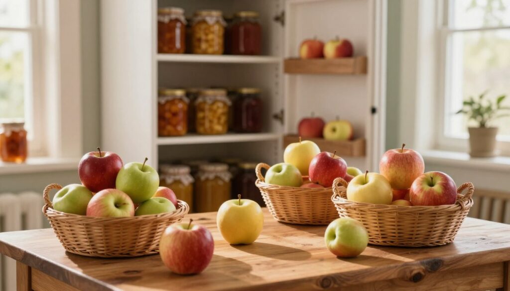 A cozy interior scene focusing on the optimal storage of apples. In the foreground, a wooden table displays an assortment of fresh apples in various colors—red, green, and yellow—carefully arranged in woven baskets. The middle ground features an open pantry with shelves lined with jars of apple preserves and drying apples, showcasing various preservation methods. In the background, a window allows soft, warm sunlight to spill in, casting gentle shadows and creating an inviting atmosphere. The overall mood is warm and rustic, emphasizing the idea of home storage. Use a slightly blurred depth of field to draw attention to the apples in the foreground while keeping the pantry in soft focus. The lighting should be soft and natural, enhancing the colors and textures of the apples. A cozy interior scene focusing on the optimal storage of apples. In the foreground, a wooden table displays an assortment of fresh apples in various colors—red, green, and yellow—carefully arranged in woven baskets. The middle ground features an open pantry with shelves lined with jars of apple preserves and drying apples, showcasing various preservation methods. In the background, a window allows soft, warm sunlight to spill in, casting gentle shadows and creating an inviting atmosphere. The overall mood is warm and rustic, emphasizing the idea of home storage. Use a slightly blurred depth of field to draw attention to the apples in the foreground while keeping the pantry in soft focus. The lighting should be soft and natural, enhancing the colors and textures of the apples.