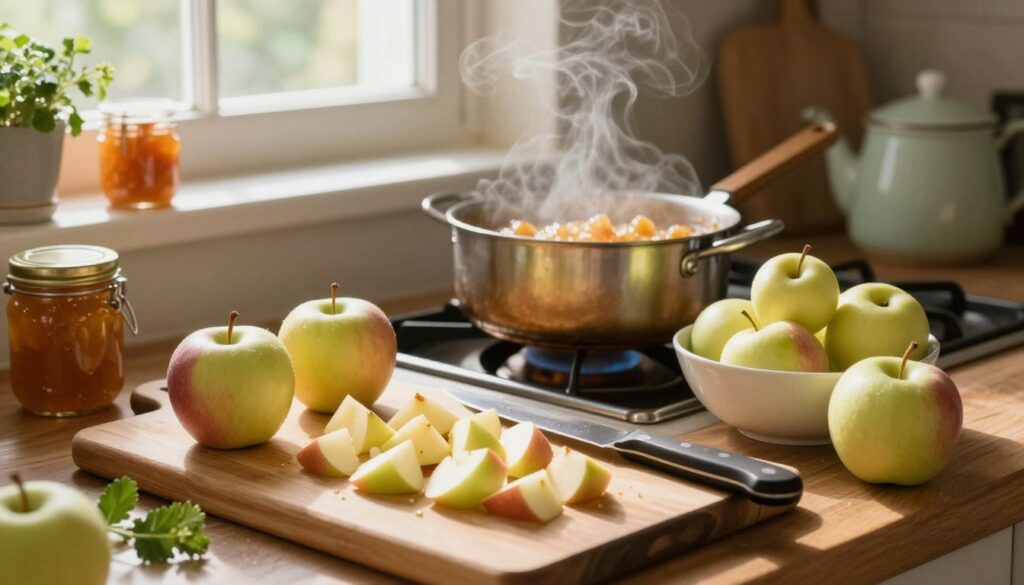 A cozy kitchen scene showcasing the use of small apples in culinary preparations. In the foreground, a wooden cutting board features finely chopped small apples and some whole apples nearby, with a sharp knife resting beside them. In the middle, a pot on the stove simmers with apple sauce, steam gently rising, while a bowl filled with freshly picked small apples sits invitingly. In the background, sunlight filters through a window, casting warm, soft light across the room, highlighting rustic kitchen elements like jars of preserves, fresh herbs, and classic kitchenware. The atmosphere is warm and inviting, evoking a sense of homey comfort and creativity in cooking. A cozy kitchen scene showcasing the use of small apples in culinary preparations. In the foreground, a wooden cutting board features finely chopped small apples and some whole apples nearby, with a sharp knife resting beside them. In the middle, a pot on the stove simmers with apple sauce, steam gently rising, while a bowl filled with freshly picked small apples sits invitingly. In the background, sunlight filters through a window, casting warm, soft light across the room, highlighting rustic kitchen elements like jars of preserves, fresh herbs, and classic kitchenware. The atmosphere is warm and inviting, evoking a sense of homey comfort and creativity in cooking.