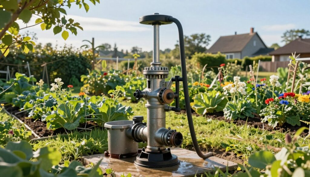 A deep well pump (pompa głębinowa) prominently displayed in the foreground, showcasing its metallic body and intricate components, set against a rural garden backdrop. In the middle ground, lush green vegetation surrounds a neatly organized vegetable patch with blooming flowers. Soft morning sunlight filters through the leaves, casting gentle shadows across the scene. The background features a distant view of a charming country house with a clear blue sky above, enhancing the serene atmosphere. The composition should capture the essence of home gardening and water management, with a focus on the pump as an essential tool. The image should be bright and inviting, evoking a sense of tranquility and productivity. A deep well pump (pompa głębinowa) prominently displayed in the foreground, showcasing its metallic body and intricate components, set against a rural garden backdrop. In the middle ground, lush green vegetation surrounds a neatly organized vegetable patch with blooming flowers. Soft morning sunlight filters through the leaves, casting gentle shadows across the scene. The background features a distant view of a charming country house with a clear blue sky above, enhancing the serene atmosphere. The composition should capture the essence of home gardening and water management, with a focus on the pump as an essential tool. The image should be bright and inviting, evoking a sense of tranquility and productivity.