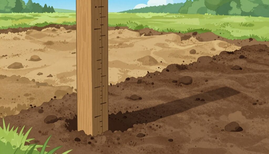 A detailed and informative illustration of a wooden palisade post being installed into the ground, showcasing different depths for various soil types. In the foreground, a partially buried wooden post, showing the depth markings, with soil textures highlighted to indicate stability. In the middle ground, an overview of the surrounding area with three distinct soil types: sandy, clay, and loamy, depicted in separate patches. The background features a serene outdoor landscape with soft natural lighting, capturing a bright, sunny day. An angle that allows viewers to see both the post and its corresponding soil environment clearly, evoking a sense of practical knowledge with an educational atmosphere. A detailed and informative illustration of a wooden palisade post being installed into the ground, showcasing different depths for various soil types. In the foreground, a partially buried wooden post, showing the depth markings, with soil textures highlighted to indicate stability. In the middle ground, an overview of the surrounding area with three distinct soil types: sandy, clay, and loamy, depicted in separate patches. The background features a serene outdoor landscape with soft natural lighting, capturing a bright, sunny day. An angle that allows viewers to see both the post and its corresponding soil environment clearly, evoking a sense of practical knowledge with an educational atmosphere.