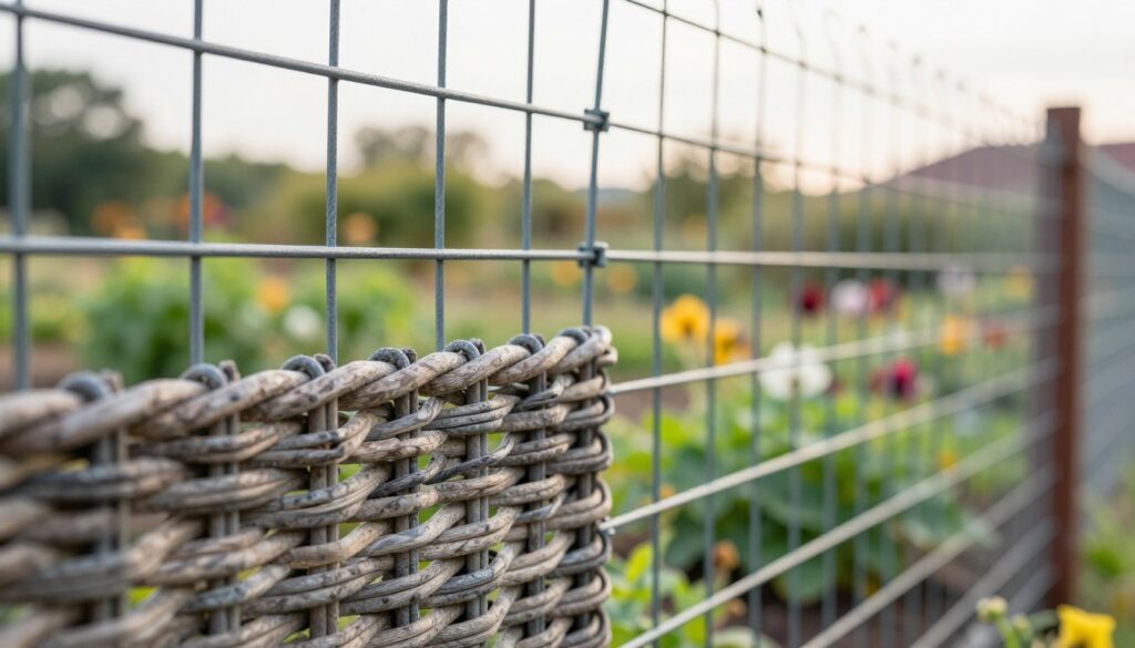 A detailed close-up of woven and welded wire fencing, showcasing their textures and construction. In the foreground, a section of the woven wire mesh, intricate and tight, reveals its flexibility and design, while the welded mesh behind it displays its sturdy, rigid structure. The middle ground should feature a garden setting with various plants and flowers, providing a natural context for the fencing types. The background includes a blurred garden landscape under soft, diffused sunlight to create a serene atmosphere. The image should be shot at a slight angle, emphasizing depth and detail, with vibrant colors to enhance the overall visual appeal, maintaining a professional and informative look. A detailed close-up of woven and welded wire fencing, showcasing their textures and construction. In the foreground, a section of the woven wire mesh, intricate and tight, reveals its flexibility and design, while the welded mesh behind it displays its sturdy, rigid structure. The middle ground should feature a garden setting with various plants and flowers, providing a natural context for the fencing types. The background includes a blurred garden landscape under soft, diffused sunlight to create a serene atmosphere. The image should be shot at a slight angle, emphasizing depth and detail, with vibrant colors to enhance the overall visual appeal, maintaining a professional and informative look.