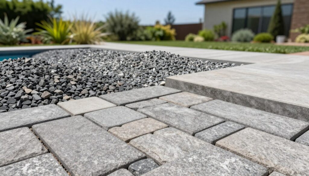 A detailed comparison of different pool substrate types, focusing on interlocking paving stones as a stable foundation in a garden setting. In the foreground, showcase the interlocking paving stones in a neatly arranged pattern, exhibiting their texture and color variations. In the middle, depict alternative substrates like compacted gravel and concrete slabs, contrasting their stability and appearance against the paving stones. The background features a serene garden landscape with greenery and a clear blue sky, inviting a sense of tranquility. Use soft, natural lighting to emphasize the textures and colors of the materials. The overall atmosphere should feel harmonious and inviting, highlighting the benefits of using paving stones for pool installations. A detailed comparison of different pool substrate types, focusing on interlocking paving stones as a stable foundation in a garden setting. In the foreground, showcase the interlocking paving stones in a neatly arranged pattern, exhibiting their texture and color variations. In the middle, depict alternative substrates like compacted gravel and concrete slabs, contrasting their stability and appearance against the paving stones. The background features a serene garden landscape with greenery and a clear blue sky, inviting a sense of tranquility. Use soft, natural lighting to emphasize the textures and colors of the materials. The overall atmosphere should feel harmonious and inviting, highlighting the benefits of using paving stones for pool installations.