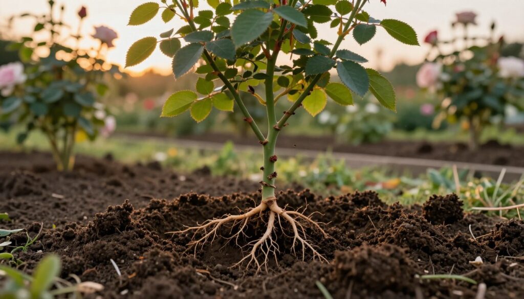 A detailed cross-section of a rose plant's root system, showcasing healthy, vibrant roots spreading through rich, dark soil, and small, freshly turned clumps of soil surrounding them. In the foreground, include a gently sloping patch where the roots emerge, displaying the delicate balance between plant and environment. The middle ground features healthy, green rose stems with dark green leaves, suggesting vitality and resilience. In the background, a soft-focus garden setting with hints of blooming roses under warm, golden sunset lighting to create a tranquil and soothing atmosphere. The scene should provide an informative yet serene depiction of proper rose planting techniques, emphasizing growth and nurturing. A detailed cross-section of a rose plant's root system, showcasing healthy, vibrant roots spreading through rich, dark soil, and small, freshly turned clumps of soil surrounding them. In the foreground, include a gently sloping patch where the roots emerge, displaying the delicate balance between plant and environment. The middle ground features healthy, green rose stems with dark green leaves, suggesting vitality and resilience. In the background, a soft-focus garden setting with hints of blooming roses under warm, golden sunset lighting to create a tranquil and soothing atmosphere. The scene should provide an informative yet serene depiction of proper rose planting techniques, emphasizing growth and nurturing.