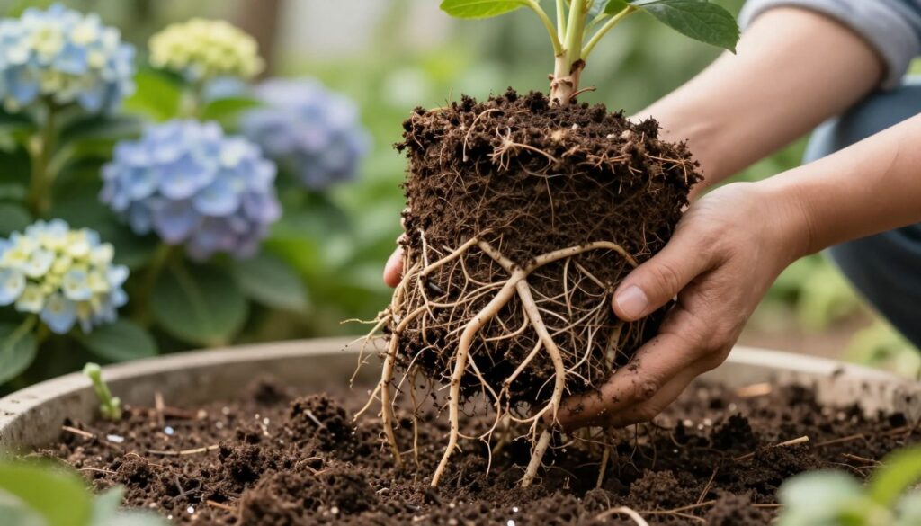 A detailed depiction of a root ball, showcasing the intricate network of roots bound by soil. The foreground presents the root mass with rich, dark soil, revealing fine root hairs that highlight the vitality of the plant. In the middle ground, a pair of hands gently cradles the root ball, demonstrating a careful transplanting technique. The background features a lush garden with blooming hydrangeas, softly blurred to draw focus to the root ball. The scene is illuminated by gentle, diffused sunlight, adding warmth and a sense of tranquility. The composition captures an educational moment, emphasizing the importance of handling the root system delicately, with a serene and nurturing atmosphere. The angle should be slightly above eye-level, providing an engaging perspective. A detailed depiction of a root ball, showcasing the intricate network of roots bound by soil. The foreground presents the root mass with rich, dark soil, revealing fine root hairs that highlight the vitality of the plant. In the middle ground, a pair of hands gently cradles the root ball, demonstrating a careful transplanting technique. The background features a lush garden with blooming hydrangeas, softly blurred to draw focus to the root ball. The scene is illuminated by gentle, diffused sunlight, adding warmth and a sense of tranquility. The composition captures an educational moment, emphasizing the importance of handling the root system delicately, with a serene and nurturing atmosphere. The angle should be slightly above eye-level, providing an engaging perspective.