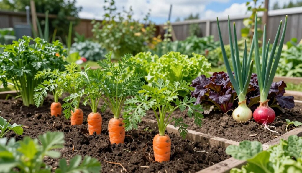 A detailed garden scene illustrating the concept of companion planting with carrots. In the foreground, vibrant orange carrot plants with lush green tops emerge from rich, dark soil. Surrounding the carrots, depict a variety of companion vegetables such as onions, leeks, and herbs like parsley. In the middle ground, include a small garden plot with contrasting colors of leafy greens like lettuce and dark purple radishes, emphasizing the diversity in planting. The background features a soft-focus garden fence and a cloudy blue sky, creating a tranquil atmosphere. Ensure natural lighting casts gentle shadows, enhancing the depth of the plants. The scene should evoke a sense of harmony in gardening, emphasizing the benefits of proper vegetable placement without any distractions or text elements. A detailed garden scene illustrating the concept of companion planting with carrots. In the foreground, vibrant orange carrot plants with lush green tops emerge from rich, dark soil. Surrounding the carrots, depict a variety of companion vegetables such as onions, leeks, and herbs like parsley. In the middle ground, include a small garden plot with contrasting colors of leafy greens like lettuce and dark purple radishes, emphasizing the diversity in planting. The background features a soft-focus garden fence and a cloudy blue sky, creating a tranquil atmosphere. Ensure natural lighting casts gentle shadows, enhancing the depth of the plants. The scene should evoke a sense of harmony in gardening, emphasizing the benefits of proper vegetable placement without any distractions or text elements.