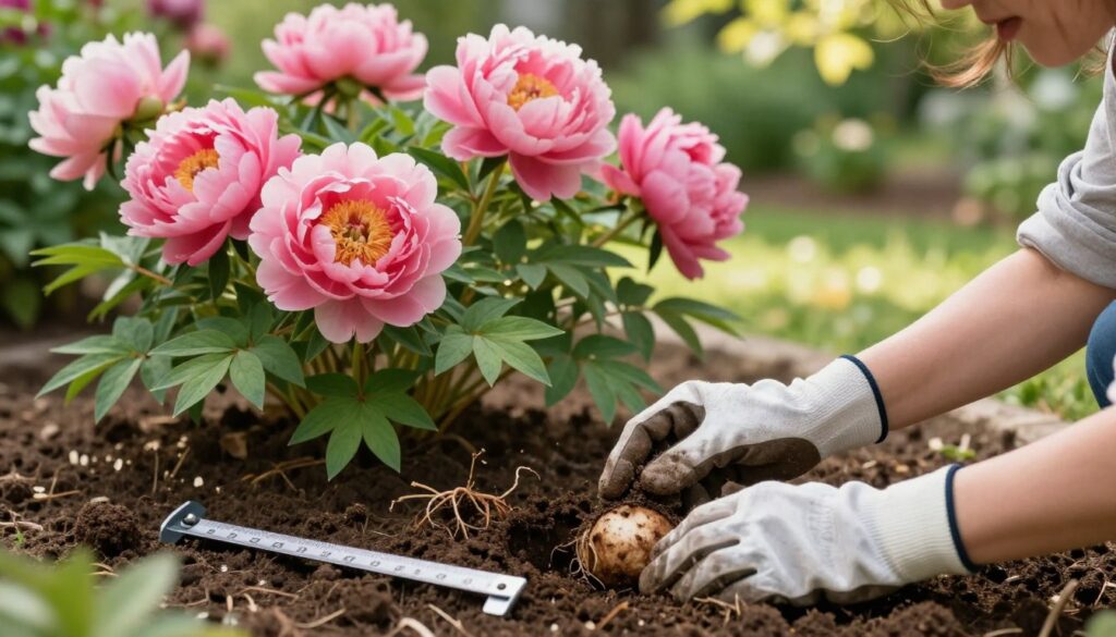 A detailed garden scene showcasing a peony planting depth tutorial. In the foreground, close-up of a woman's hands gently planting a peony tuber in rich, dark soil, demonstrating the correct depth with a measuring tool beside it, wearing professional gardening gloves. In the middle ground, ripe peonies bloom in vibrant pink hues, showing healthy foliage and roots. In the background, a sunny day with soft, natural lighting filtering through green leaves, creating a warm and inviting atmosphere. The composition highlights the importance of planting depth, with a shallow focus on the planting action to draw attention to the hands and tuber, while the beautiful vibrant flowers blend harmoniously into the scene. A detailed garden scene showcasing a peony planting depth tutorial. In the foreground, close-up of a woman's hands gently planting a peony tuber in rich, dark soil, demonstrating the correct depth with a measuring tool beside it, wearing professional gardening gloves. In the middle ground, ripe peonies bloom in vibrant pink hues, showing healthy foliage and roots. In the background, a sunny day with soft, natural lighting filtering through green leaves, creating a warm and inviting atmosphere. The composition highlights the importance of planting depth, with a shallow focus on the planting action to draw attention to the hands and tuber, while the beautiful vibrant flowers blend harmoniously into the scene.