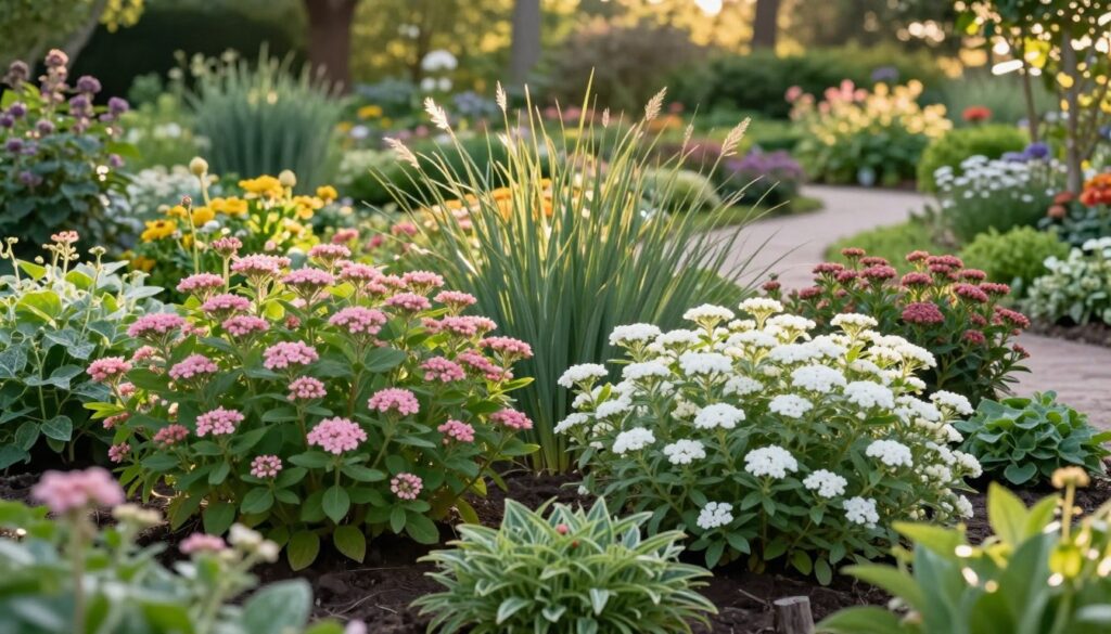 A detailed garden scene showcasing various cultivars of Japanese spiraea (tawuła japońska) in harmonious arrangement. In the foreground, depict a vibrant cluster of different varieties, highlighting their distinct leaf shapes and flower colors—some with soft pink, others with white blossoms, all framed by lush green foliage. The middle ground features complementary plants, such as ornamental grasses and perennials, enhancing the composition. In the background, a serene garden path leads through a blurred landscape of trees and distant flower beds, bathed in warm, golden sunlight. The atmosphere is tranquil and inviting, evoking a sense of peacefulness and cohesion in garden design. The focus should be soft, capturing the beauty of the plants in a natural, outdoor setting.