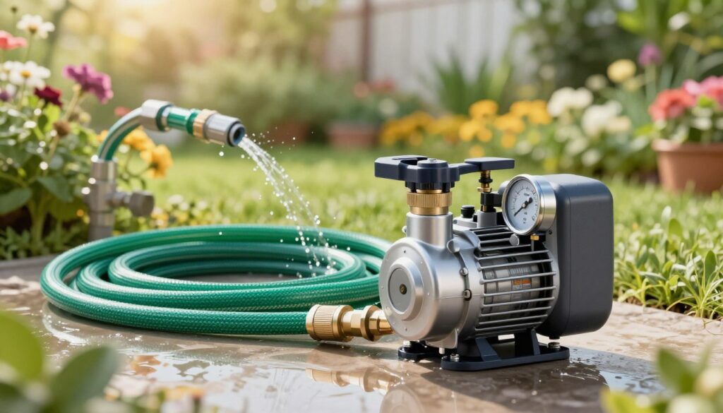 A detailed hydrofor pump system, emphasizing the components that enhance water pressure in a garden hose. In the foreground, showcase a sleek, modern hydrofor pump with visible pressure gauges and connectors, reflecting a high level of engineering. The middle ground features a garden hose neatly coiled, connecting to a water source, with droplets glistening in the sunlight. In the background, a vibrant garden scene with flowers and greenery, illuminated by warm, natural light to create a serene and inviting atmosphere. The angle captures the equipment from a slightly elevated perspective, highlighting the interplay of the pump with its surroundings. The mood is informative and professional, suitable for a technical article illustration, with no text or distractions. A detailed hydrofor pump system, emphasizing the components that enhance water pressure in a garden hose. In the foreground, showcase a sleek, modern hydrofor pump with visible pressure gauges and connectors, reflecting a high level of engineering. The middle ground features a garden hose neatly coiled, connecting to a water source, with droplets glistening in the sunlight. In the background, a vibrant garden scene with flowers and greenery, illuminated by warm, natural light to create a serene and inviting atmosphere. The angle captures the equipment from a slightly elevated perspective, highlighting the interplay of the pump with its surroundings. The mood is informative and professional, suitable for a technical article illustration, with no text or distractions.