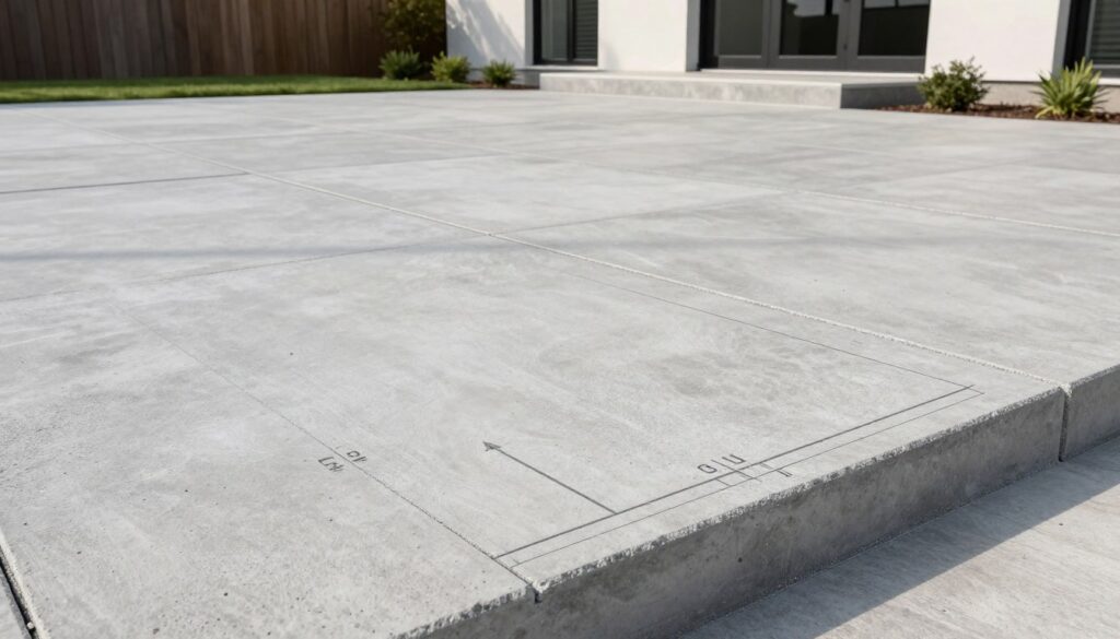 A detailed illustration of a concrete slab, showcasing its technical parameters in a modern outdoor setting. In the foreground, a close-up view of a textured concrete slab with clear markings or engravings indicating dimensions and strength ratings. The middle ground features a stylish driveway with large, uniformly placed concrete slabs, demonstrating their durability and modern design. The background includes a contemporary home to reinforce the concept of modern outdoor architecture. Soft daylight illuminates the scene, highlighting the textures of the concrete while casting gentle shadows for depth. The atmosphere conveys a sense of innovation and stability, essential for discussing technical specifications and material strength without any distractions. A detailed illustration of a concrete slab, showcasing its technical parameters in a modern outdoor setting. In the foreground, a close-up view of a textured concrete slab with clear markings or engravings indicating dimensions and strength ratings. The middle ground features a stylish driveway with large, uniformly placed concrete slabs, demonstrating their durability and modern design. The background includes a contemporary home to reinforce the concept of modern outdoor architecture. Soft daylight illuminates the scene, highlighting the textures of the concrete while casting gentle shadows for depth. The atmosphere conveys a sense of innovation and stability, essential for discussing technical specifications and material strength without any distractions.