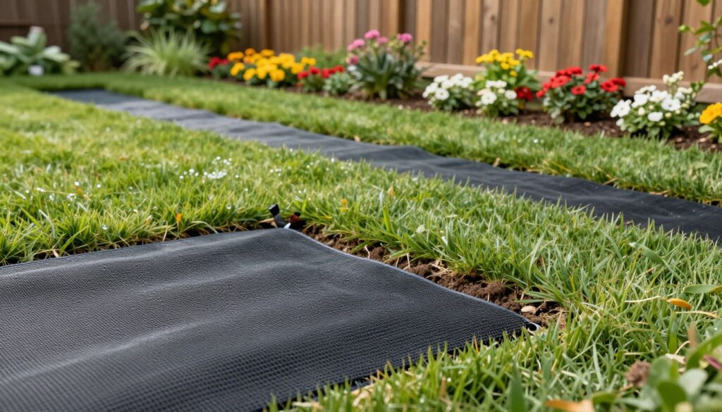 A detailed illustration of a high-quality rodent-proof mesh grid designed for installation beneath a lawn, flowerbed, and fence. In the foreground, showcase a close-up of the mesh material with visible textures and dimensions, emphasizing its strength and durability. The middle ground features a neatly manicured lawn with the mesh partially embedded in the soil, illustrating its suitability for various garden layouts. In the background, include a vibrant flowerbed and a wooden fence, creating a harmonious garden setting. Use soft natural lighting to convey a bright, sunny day, enhancing the colors and textures. The perspective should be slightly elevated to provide a comprehensive view of the mesh’s application and practical use in landscaping, creating a professional and serene atmosphere.