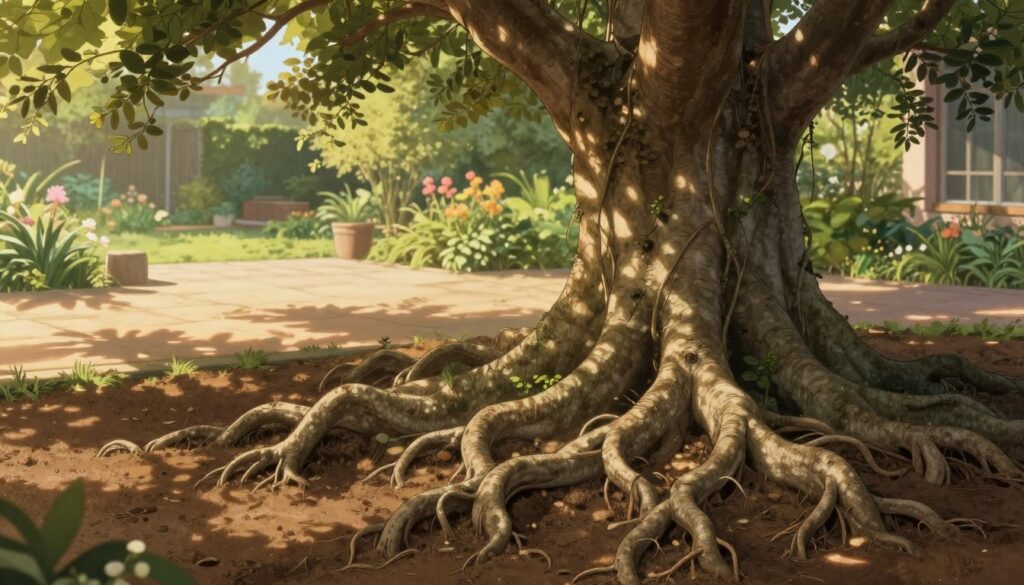 A detailed illustration of a mature tree showcasing its intricate root system in the foreground, with roots sprawling and intertwining within rich, dark earth, revealing its strength and stability. In the middle ground, a peaceful terrace area is visible, with sunlight filtering through the tree leaves, creating dappled shadows on the ground, suggesting coolness and privacy. The background features a serene garden scene with lush greenery and soft, blurred flowers, evoking a tranquil atmosphere. The lighting is warm and soft, reminiscent of late afternoon sun, while the angle captures both the roots up close and the beauty of the tree, emphasizing the connection between the roots and the surrounding environment.