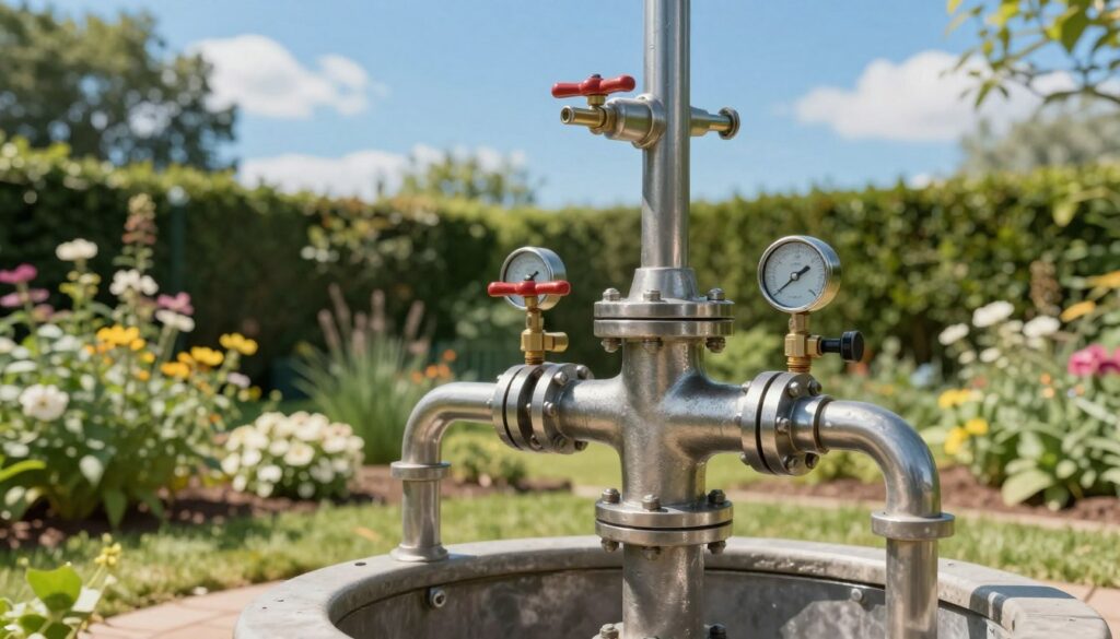 A detailed illustration of a well head for a deep well system, focusing on the intricacies of its design. Foreground features a polished metal well head, showing valve handles and pressure gauges, with intricate pipes connecting to a sturdy base. The middle ground includes a lush garden setting, where flowering plants and greenery surround the well, enhancing its natural aesthetic. In the background, the image captures a clear blue sky with a few wispy clouds, illuminating the scene with bright sunlight that casts soft shadows. The mood is tranquil and inviting, perfect for an outdoor garden installation. The composition should be shot at a slight angle to provide depth, and the lighting should highlight the metallic surfaces, emphasizing their texture and finish. A detailed illustration of a well head for a deep well system, focusing on the intricacies of its design. Foreground features a polished metal well head, showing valve handles and pressure gauges, with intricate pipes connecting to a sturdy base. The middle ground includes a lush garden setting, where flowering plants and greenery surround the well, enhancing its natural aesthetic. In the background, the image captures a clear blue sky with a few wispy clouds, illuminating the scene with bright sunlight that casts soft shadows. The mood is tranquil and inviting, perfect for an outdoor garden installation. The composition should be shot at a slight angle to provide depth, and the lighting should highlight the metallic surfaces, emphasizing their texture and finish.