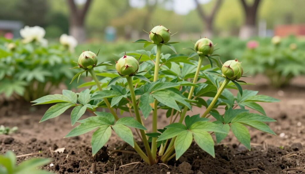 A detailed illustration of young peony stem buds emerging from rich, dark soil, showcasing the early stages of their growth. In the foreground, focus on clusters of tightly coiled buds, their vibrant green color hinting at the promise of future blooms. The middle ground features lush, healthy foliage, revealing the intricate veining of the leaves, while a soft blur indicates depth. In the background, a serene garden setting with subtle blurred flower beds and trees under dappled sunlight creates a warm, inviting atmosphere. This image should have soft, natural lighting to emphasize the freshness of spring, and be captured from a moderate perspective angle to highlight the details of the stem buds without distraction. A detailed illustration of young peony stem buds emerging from rich, dark soil, showcasing the early stages of their growth. In the foreground, focus on clusters of tightly coiled buds, their vibrant green color hinting at the promise of future blooms. The middle ground features lush, healthy foliage, revealing the intricate veining of the leaves, while a soft blur indicates depth. In the background, a serene garden setting with subtle blurred flower beds and trees under dappled sunlight creates a warm, inviting atmosphere. This image should have soft, natural lighting to emphasize the freshness of spring, and be captured from a moderate perspective angle to highlight the details of the stem buds without distraction.