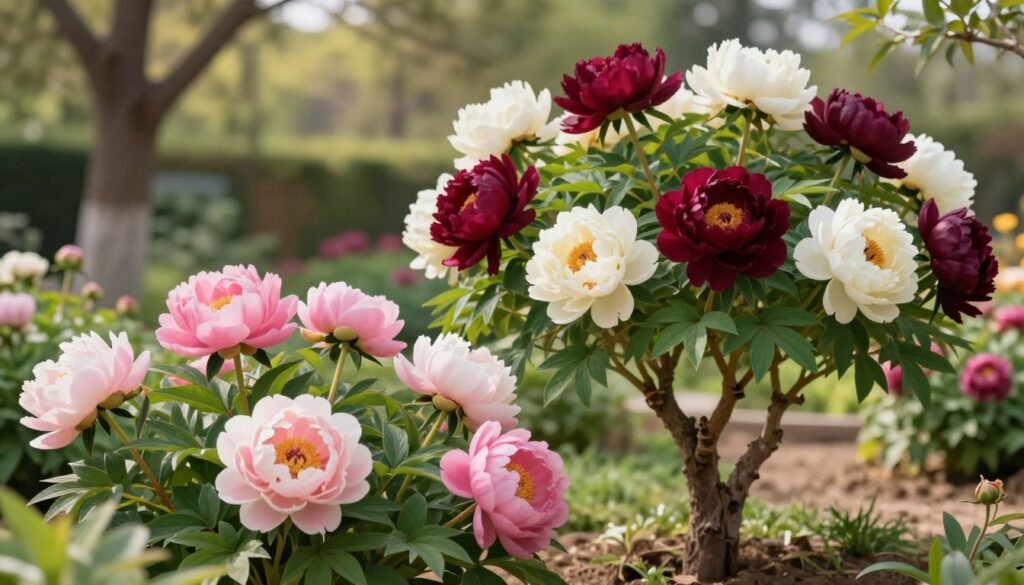 A detailed illustration showcasing the care differences between herbaceous peonies and tree peonies. In the foreground, display lush, vibrant herbaceous peonies with delicate pink and white blooms, nestled among green foliage, emphasizing their sturdy stems. In the middle, depict tree peonies with more robust, woody stems and larger blossoms in shades of deep maroon and pale cream, highlighting their stature. The background should feature a serene garden setting, with soft, dappled sunlight filtering through trees, creating a calm atmosphere. Use a focus on depth of field to sharpen the foreground details while gently blurring the background. Aim for a warm, inviting light that conveys a sense of growth and care, illustrating the nurturing aspect of gardening. A detailed illustration showcasing the care differences between herbaceous peonies and tree peonies. In the foreground, display lush, vibrant herbaceous peonies with delicate pink and white blooms, nestled among green foliage, emphasizing their sturdy stems. In the middle, depict tree peonies with more robust, woody stems and larger blossoms in shades of deep maroon and pale cream, highlighting their stature. The background should feature a serene garden setting, with soft, dappled sunlight filtering through trees, creating a calm atmosphere. Use a focus on depth of field to sharpen the foreground details while gently blurring the background. Aim for a warm, inviting light that conveys a sense of growth and care, illustrating the nurturing aspect of gardening.
