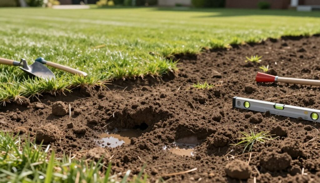 A detailed landscape showcasing common mistakes in leveling a lawn area. In the foreground, illustrate a patch of uneven ground with visible bumps and dips, along with small puddles suggesting poor drainage. Add tools like a shovel and leveler lying unused nearby. In the middle ground, display a partially smoothed area contrasting sharp dips and unaligned soil with a few patches of grass. The background should feature a blurred image of a well-done lawn for comparison, emphasizing the ideal result. The lighting should be warm and natural, suggesting a sunny day, highlighting textures in the soil. Capture the mood of frustration and learning through the contrast between mistakes and perfection. A detailed landscape showcasing common mistakes in leveling a lawn area. In the foreground, illustrate a patch of uneven ground with visible bumps and dips, along with small puddles suggesting poor drainage. Add tools like a shovel and leveler lying unused nearby. In the middle ground, display a partially smoothed area contrasting sharp dips and unaligned soil with a few patches of grass. The background should feature a blurred image of a well-done lawn for comparison, emphasizing the ideal result. The lighting should be warm and natural, suggesting a sunny day, highlighting textures in the soil. Capture the mood of frustration and learning through the contrast between mistakes and perfection.