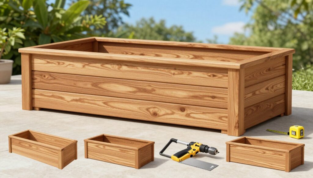 A detailed outdoor scene showcasing a beautifully constructed composite wood planter. In the foreground, a step-by-step visual layout reveals different stages of creating the planter, with tools like a saw, drill, and measuring tape artistically arranged. The middle ground features the partially assembled planter, showing rich textures of the composite wood material, highlighting its durability and aesthetic appeal. The background includes lush green foliage and a bright blue sky, creating a vibrant, inviting atmosphere. Soft, natural lighting enhances the textures and colors, while a shallow depth of field focuses on the composite wood planter, allowing for a clear view of its craftsmanship. The overall mood is inspiring and educational, ideal for illustrating the DIY project. A detailed outdoor scene showcasing a beautifully constructed composite wood planter. In the foreground, a step-by-step visual layout reveals different stages of creating the planter, with tools like a saw, drill, and measuring tape artistically arranged. The middle ground features the partially assembled planter, showing rich textures of the composite wood material, highlighting its durability and aesthetic appeal. The background includes lush green foliage and a bright blue sky, creating a vibrant, inviting atmosphere. Soft, natural lighting enhances the textures and colors, while a shallow depth of field focuses on the composite wood planter, allowing for a clear view of its craftsmanship. The overall mood is inspiring and educational, ideal for illustrating the DIY project.